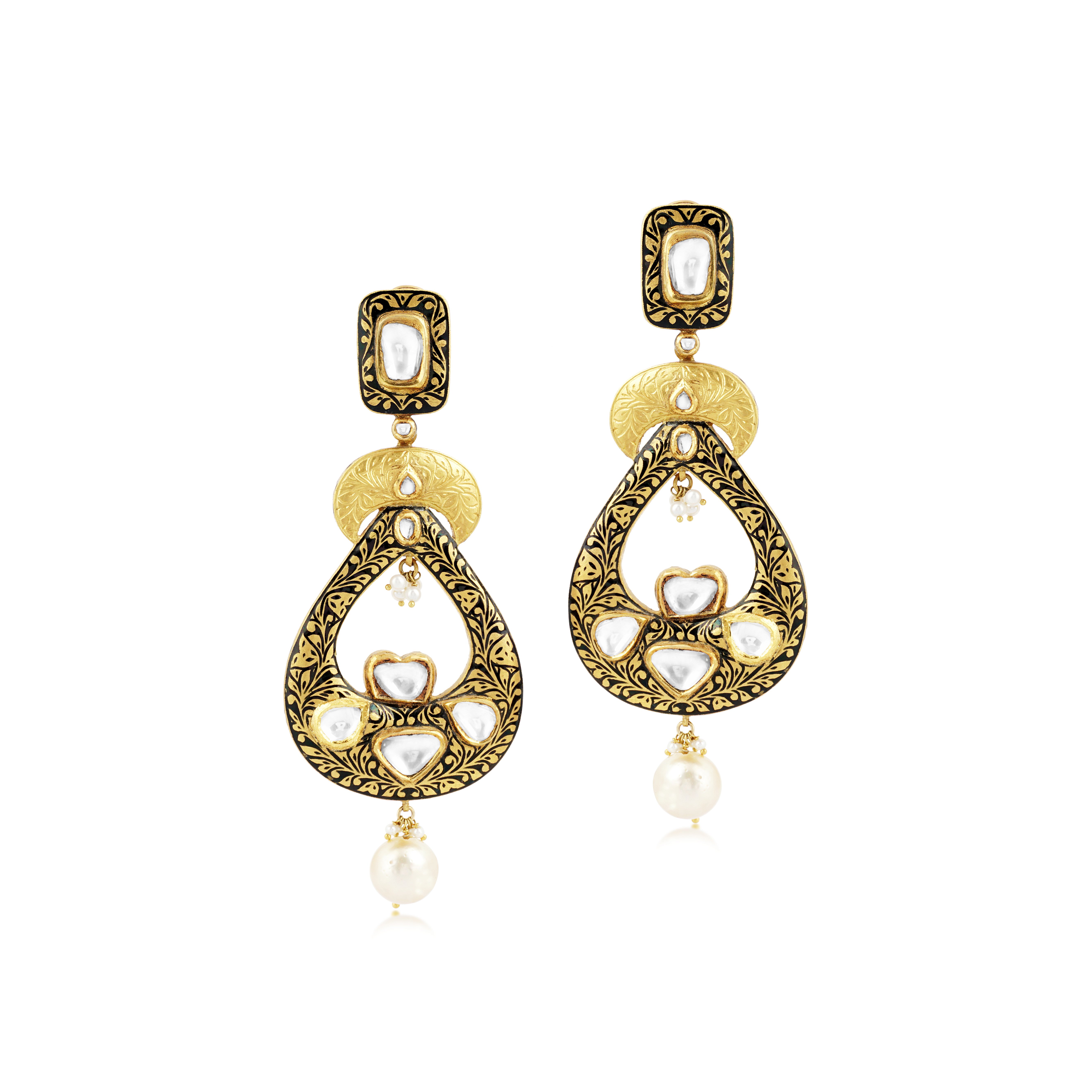 Teardrop Polki Earrings with Partash Work and Pearl Drops